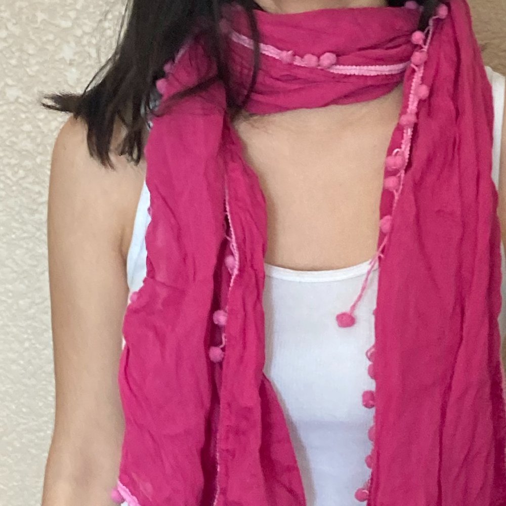 Polyester Pink Scarf With Little Pink Poms On It and A Bit of Frill